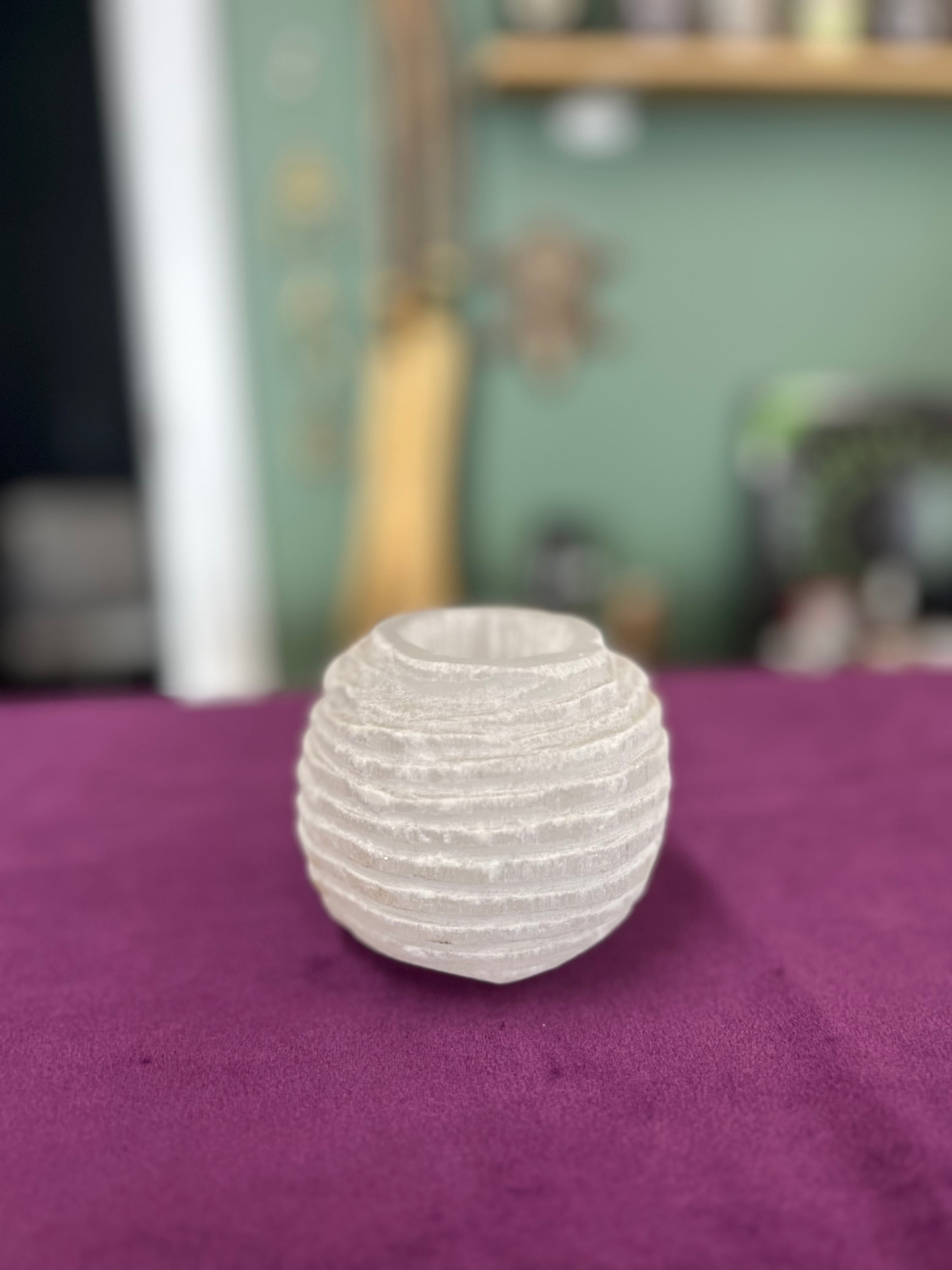 Selenite Candle Holder Ribbed 3”